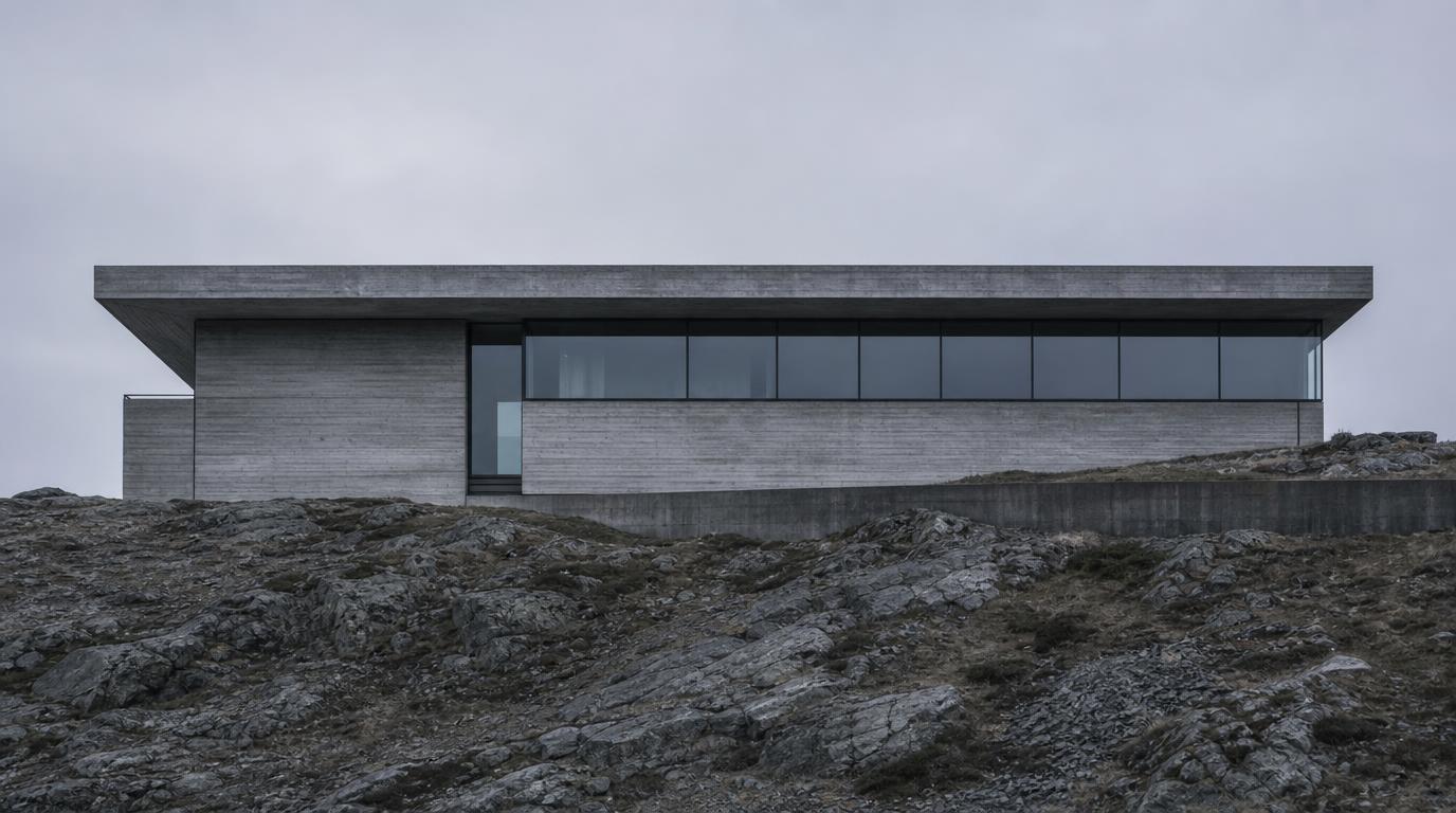 A low concrete house set into a rocky slope beneath a flat pale sky
