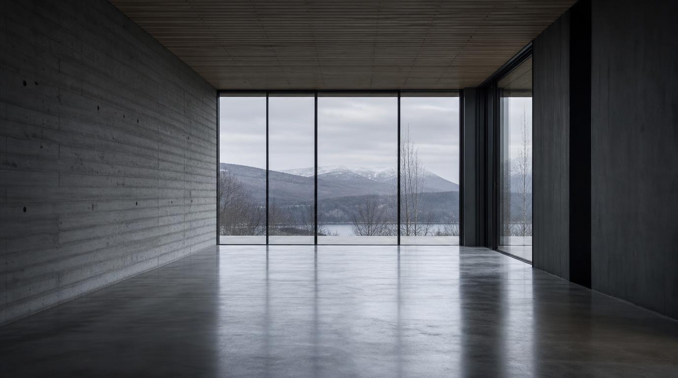 An empty concrete room opening onto a full height glazed wall and a cold landscape