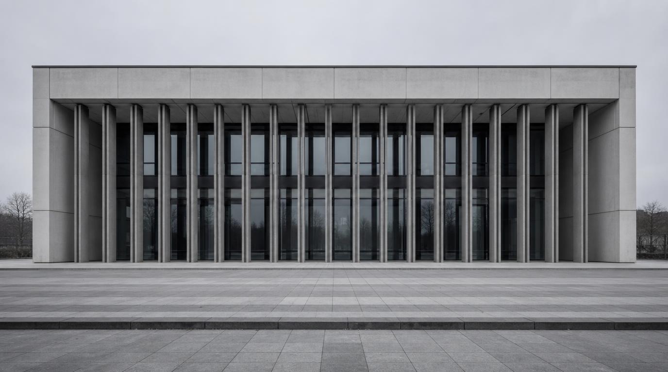 A civic building with a deep colonnade of thin vertical fins across a glazed wall
